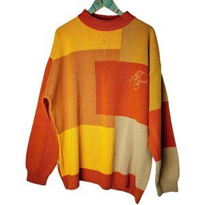 Vintage 1990's Davoucci Color Block Embroidered Knit Wool Sweater, Sz Large